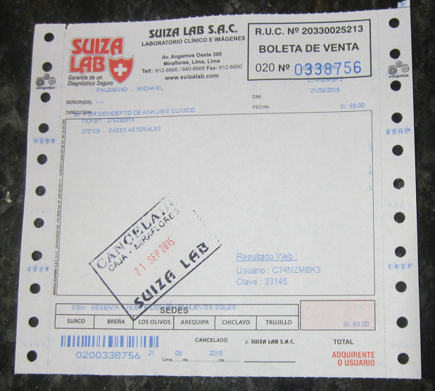 le re�u de "Suiza Lab" pour payer
                        69 soles pour le test pH dans le sang