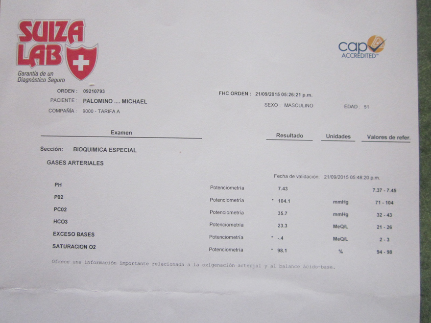 Le rapport de Suiza Lab avec l'indication
                        du valeur pH dans le sang de 7,37-7,45, photo de
                        pr�s