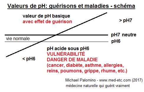 Schéma avec les valeurs de pH acides, pH neutre7 et au-dessus de base avec effet curatif
