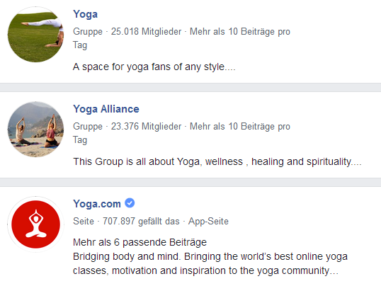 Yoga clubs on Facebook, examples