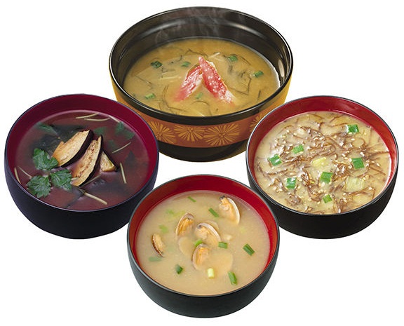 4 verschillende miso-soepen
                      met mosselen, algen, spruitjes, enz.