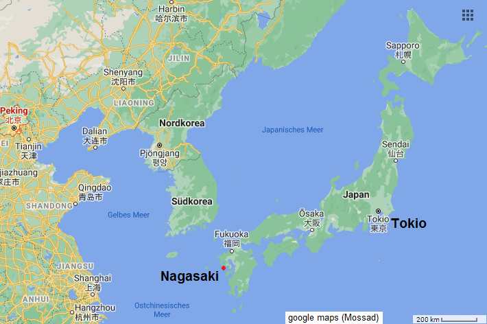 Map of Japan with Tokyo and Nagasaki