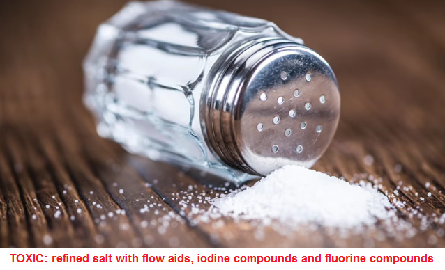 Toxic refined salt from a salt shaker wich added with flow aids, iodine compounds and fluorine compounds
