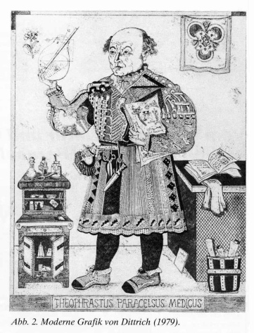 Paracelsus mit einem Medizinpunsch,
                            Zeichnung von Dittrich 1979