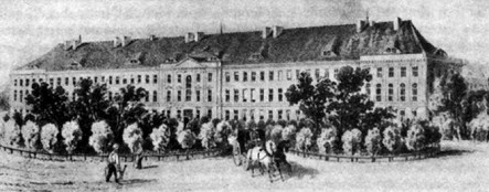 Das Spital
                "Charit�" in Berlin (hier ein Bild von 1850
                ca.) war eines der grossen europ�ischen Spit�ler, zuerst
                als Pesthaus gegr�ndet, dann der Humboldtuniversit�t
                angeschlossen.