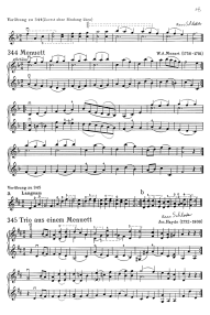 Seite 18: Ein Menuett von Wolfgang
                            Amadeus Mozart mit Doppelgriffen, sowie ein
                            Trio aus einem Menuett von Joseph Haydn,
                            jeweils mit einer Vorübung von Schloder