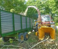 El picador (una
                trituradora) "come" ramas delgadas y sale el
                material triturado (picado) por encima directamente en
                el remolque