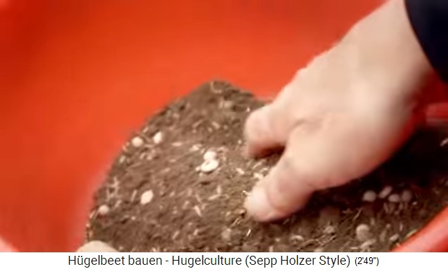 Hügelbeet-Workshop mit
                    Sepp Holzer in Österreich 17: Die Samenmischung wird
                    mit etwas Erde "angerührt"