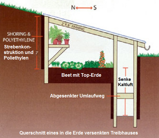 Walipini: Im Hang versenktes Treibhaus
                          von Mike Oehler, Plan, Querschnitt