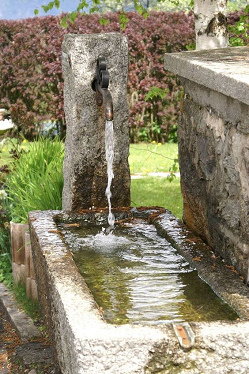 Steinbrunnen mit
                    langem Wassertrog und natürlichem Wasserspiel