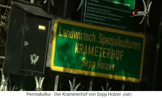 Krameterhof,
                    das Schild: "Landwirtschaftliche
                    Spezialkulturen KRAMETERHOF, Sepp Holzer"