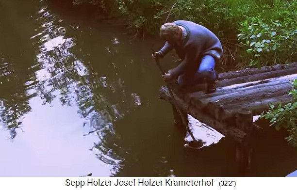 Pescar en la granja
                    Krameterhof de Sepp Holzer, desbordamiento
                    inclinable para bajar el nivel del estanque 01