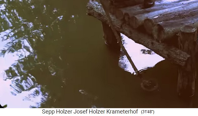 Granja Krameterhof de
                    Sepp Holzer: El tubo de control en el estanque se
                    puede inclinar para bajar el nivel del estanque 02