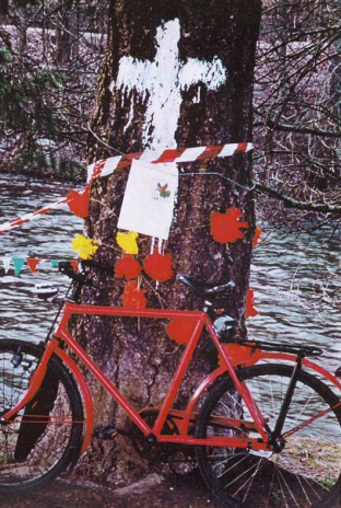 Baum mit Grabkreuz und Velo