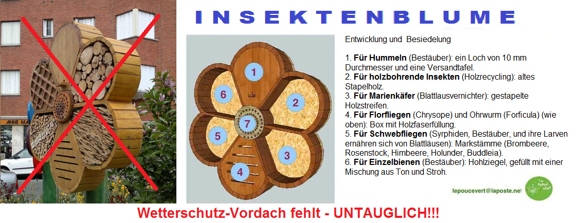 UNTAUGLICHES
                      Insektenhotel OHNE Wetterschutz-Vordach in Form
                      einer Blume f�r Hummeln, holzbohrende Insekten,
                      Marienk�fer, Florfliegen (ist irreal),
                      Schwebfliegen, Bienen, ist ABSOLUT UNTAUGLICH
