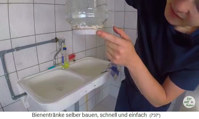 Bienentr�nke
                      aus Senfgurkenglas 07: Man kehrt das gef�llte
                      Senfgurkenglas um, der Stoff wird feucht, tropft
                      aber nicht