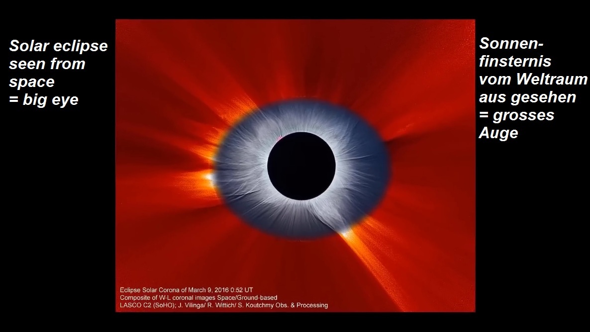 Eine totale
                        Sonnenfinsternis vom Weltraum aus gesehen ergibt
                        ein Auge.