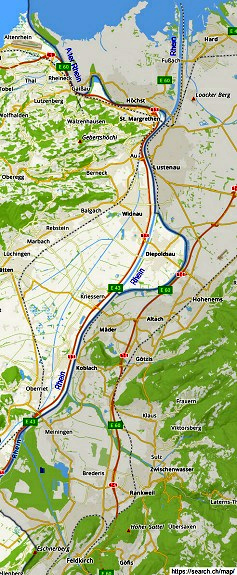 Mapa con el Rin violado entre
                    Feldkirch y la desembocadura del lago de Constanza -
                    violado con autopista