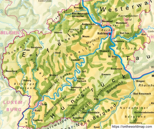 Karte mit
                der Mosel zwischen Koblenz und Trier mit urspr�nglichen
                Schlingen+M�andern