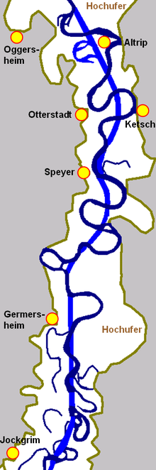 Mapa del Rin entre Altrip y Jockgrim con
                    meandros + bucles - y luego solo como una l�nea