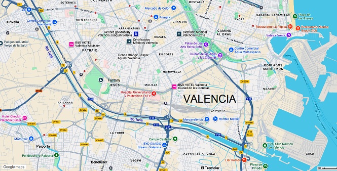 Karte / Stadtplan von Valencia mit
                    dem total vergewaltigten Fluss R�o Turia wie ein
                    Bleistift ohne Delta