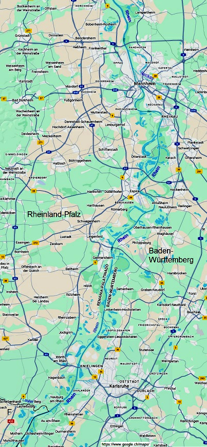 Mappa del Reno tra il fiume “Lauter” (regione
                    di Karlsruhe) e il villagio di Roxheim (a nord di
                    Mannheim) con il Reno raddrizzato e molti stagni
                    come resti dei precedenti meandri e anse del Reno,
                    che oggi sono tutti “amputati” - anno 2024