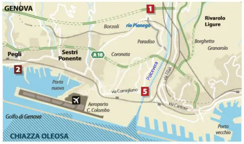 Karte / Stadtplan von Genua mit dem
                    Fluss Polcevera