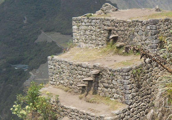 Alba�iler�a seca: escalones en las
                              terrazas de piedra seca de Machu Picchu en
                              la cima de la monta�a local Huayna Picchu