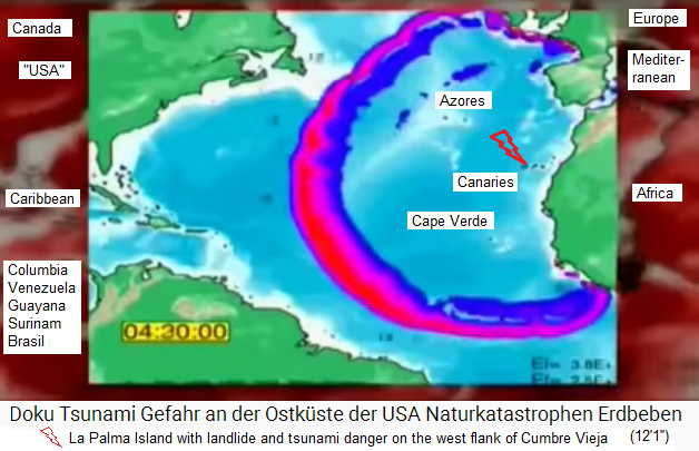 9) Computer model of a gigantic
                                tsunami after the crash of the western
                                flank of Cumbre Vieja on La Palm