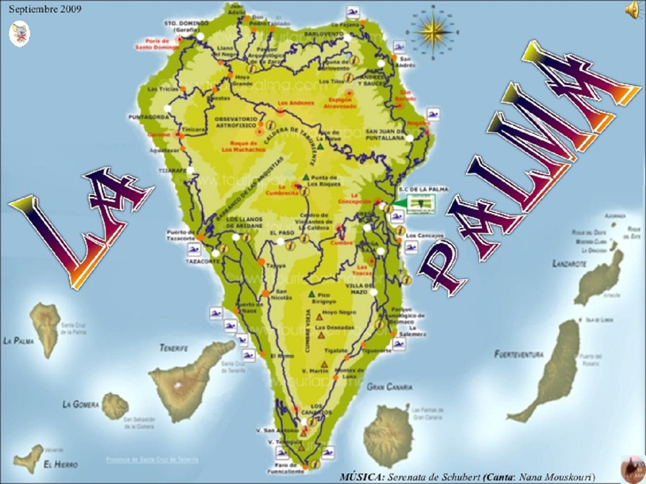 Karte der Insel La
                                    Palma mit der Vulkankette
                                    "Cumbre Vieja"