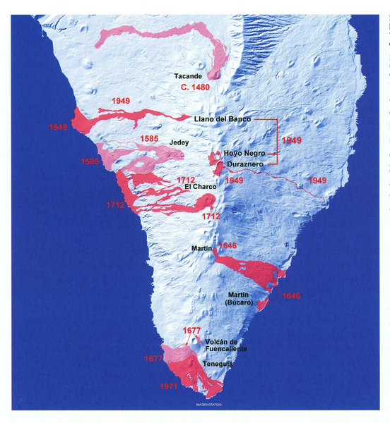 30)
                        Map of the southern tip of the island of La
                        Palma with volcanic eruptions