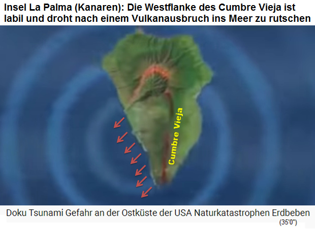 Karte mit der Insel La
                                        Palma mit dem Rutschhang an der
                                        Westflanke der Vulkankette
                                        "Cumbre Vieja"