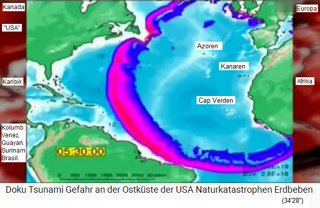 51) Karte mit dem
                                    Computermodell des Tsunami von La
                                    Palma vor den Küsten von
                                    "Amerika" und Brasilien