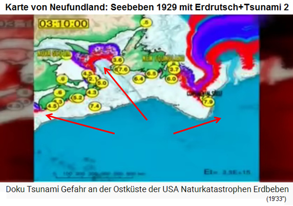 Karte von
                    Neufundland mit dem Seebeben von 1929 mit Erdrutsch
                    am Meeresgrund mit Tsunamis 02 nach 3 Stunden 10
                    Minuten