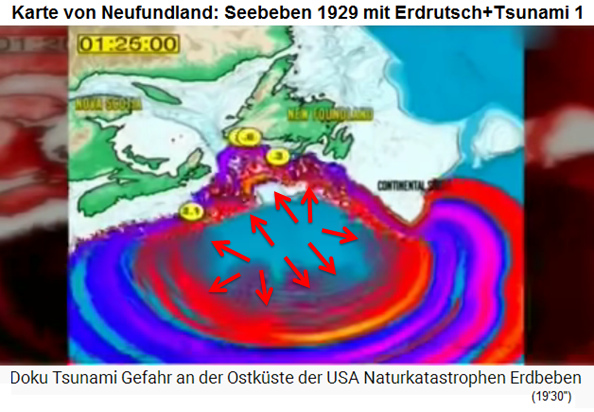 Karte von Neufundland
                    mit dem Seebeben von 1929 mit Erdrutsch am
                    Meeresgrund mit Tsunamis 01 nach 1 Stunde 26
                    Minuten