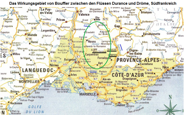 Mapa: el
                  territorio de acciones de Bouffier desde el r�o
                  Durance hasta al r�o Dr�me - con la se�alizaci�n del
                  territorio forestal