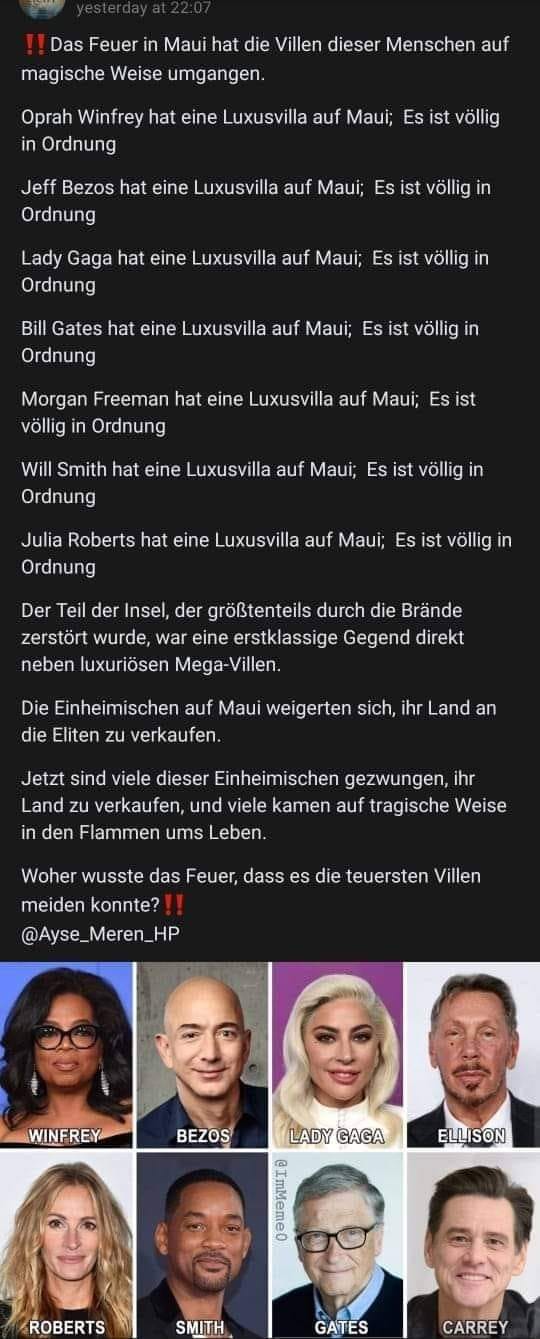 Lahaina (Maui, Hawaii) am
                    18.8.2023: Die Liste mit Villen, die intakt
                    geblieben sind: Das WEF fackelt die Welt ab