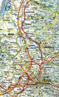 the map of the raped Dreisam with motorway next to
                it in Freiburg im Breisgau (Germany), and the raped,
                candle-straight lower course or the river