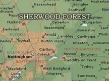 Die Position des
                            Walds von Sherwood / Sherwood Forest
                            n�rdlich von Nottingham, Karte
