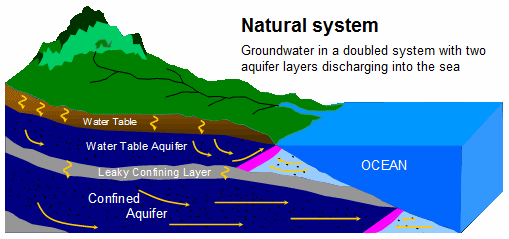Schema Salzwasser
                              mit Grundwasser 10 mit doppeltem
                              Grundwasserspiegel, die beide in den Ozean
                              entw�ssern