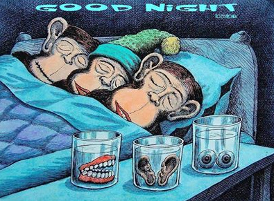 Drei Affen schlafen und haben das Gebiss, die
                  Ohren und die Augen abgegeben