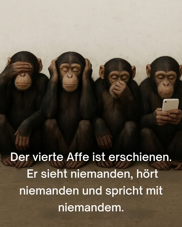 3 Affen und 1 Handy-Affe: Der vierte
                    Affe ist erschienen. Er sieht niemanden, hrt
                    niemanden und spricht mit niemandem