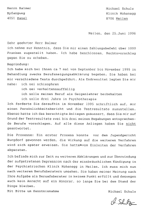 25.6.1996, Brief an Balmer: Balmer
                          verweigert Berufsberatung