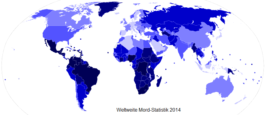 Karte von Wikipedia �ber H�ufigkeit
                              von Morden weltweit im Jahre 2014.
                              T�tungsdelikte pro Jahr und 100.000
                              Einwohner