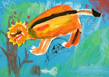 Un dibujo de un niño con un león Un dibujo de un niño con un león