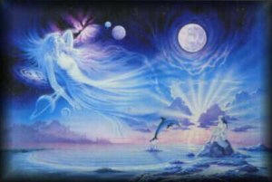 Traumbild in Blau, Sonne, Monde, Nixen,
                    Delphin, Meer, Berge im Hintergrund.