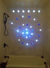 Interior wall with bottle
                    pattern of a spiral in blue and white