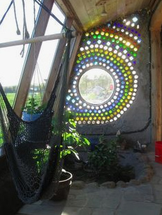 Window with a
                    colorful bottle frame