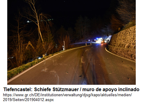 Kanton Graub�nden (Schweiz): Schiefe
                          St�tzmauer in Tiefencastel, Foto von 2019