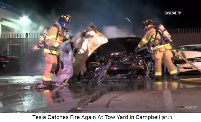 Tesla aus Los Gatos brennt gleich zweimal,
                    Löscharbeiten in Campbell, 19.Dez.2019 07